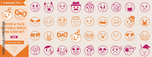 Minimal emoji faces outline icon set doodle emoticons vector illustration isolated on white A comprehensive set of line art emoji icons, depicting various facial expressions from happy to sad.