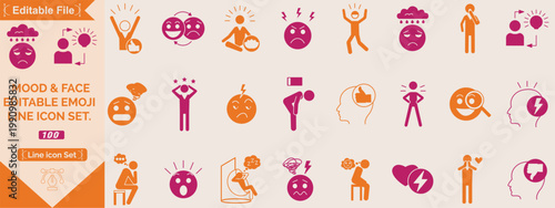 Minimal emoji faces outline icon set doodle emoticons vector illustration isolated on white A comprehensive set of line art emoji icons, depicting various facial expressions from happy to sad.