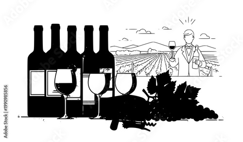 A minimalist vector illustration of wine bottles and glasses in a vineyard setting