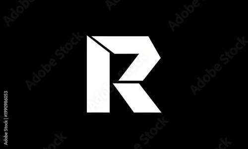 Modern white geometric letter R logo on black background for corporate branding and professional identity