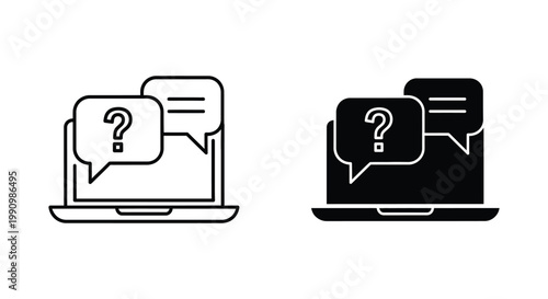 Laptop with speech bubbles and question mark icon set as flat vector support graphic