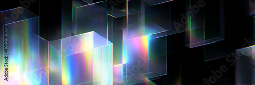 Holographic Cubes With Rainbow Reflections On Black Background For Technology Concepts