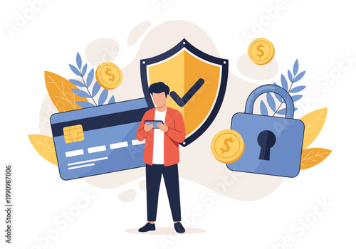 Flat style vector illustration of person making secure online payment using credit card on smartphone, with shield and lock icons representing financial protection and safety