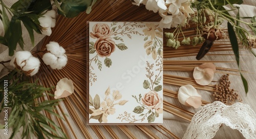 Cotton bloom adorned vertical handcrafted paper card on dried palm leaf creating romantic boho invitation scene