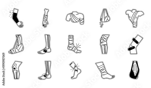 A vector graphic illustration of various bandaged body parts in a minimalist style