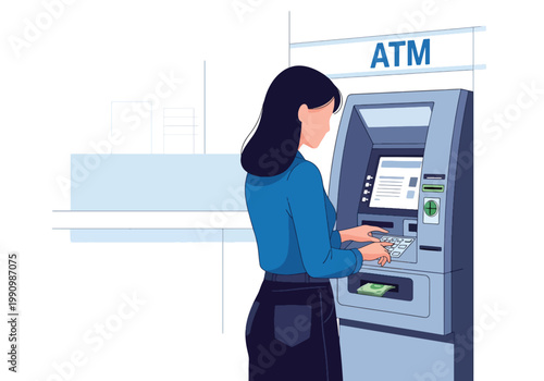 Flat style vector illustration of person withdrawing cash from ATM machine with bank background, representing financial access, banking services, and cash transactions