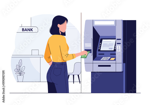 Flat style vector illustration of person withdrawing cash from ATM machine with bank background, representing financial access, banking services, and cash transactions