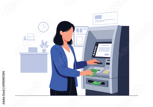 Flat style vector illustration of person withdrawing cash from ATM machine with bank background, representing financial access, banking services, and cash transactions