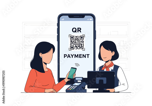 Flat style vector illustration of customer scanning QR code with smartphone at checkout counter, representing cashless payment, fintech system, and modern shopping