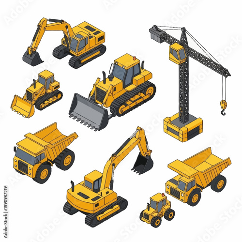 Collection of Yellow Construction Vehicles and Machinery.
