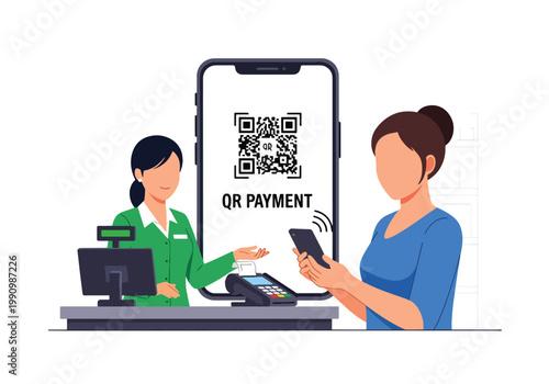 Flat style vector illustration of customer scanning QR code with smartphone at checkout counter, representing cashless payment, fintech system, and modern shopping