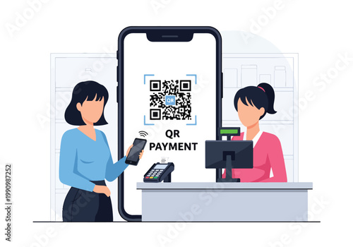 Flat style vector illustration of customer scanning QR code with smartphone at checkout counter, representing cashless payment, fintech system, and modern shopping
