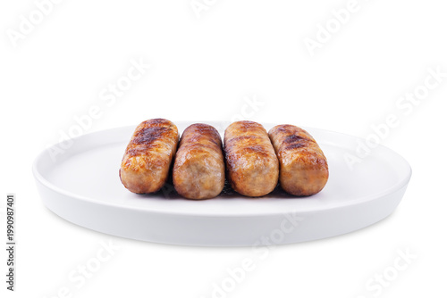 Fried beef and pork sausages in a plate on a white isolated background