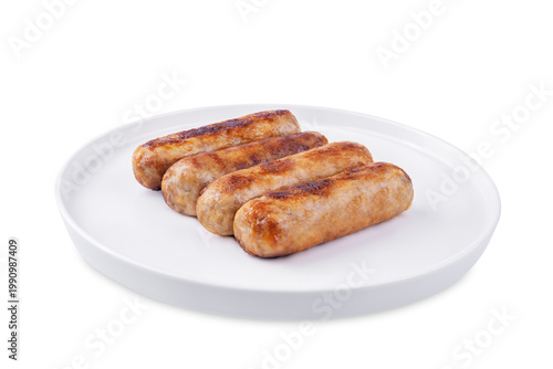 Fried beef and pork sausages in a plate on a white isolated background