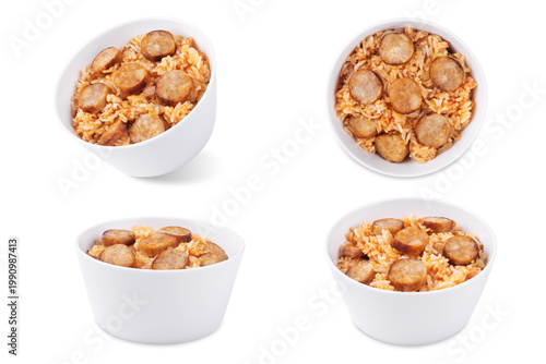 Fried sausages tomato sauce rice in a bowl on a white isolated background