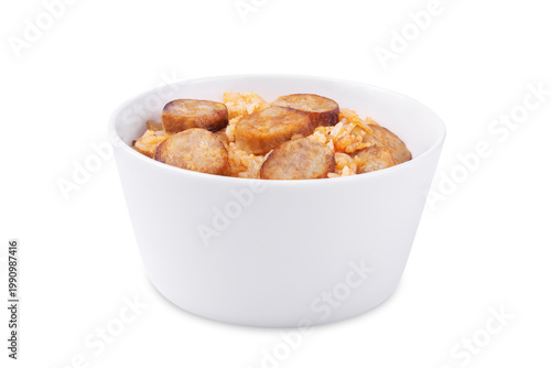 Fried sausages tomato sauce rice in a bowl on a white isolated background