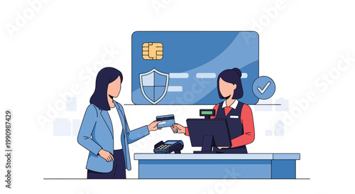 Flat style vector illustration of person making payment with credit card and receipt icons, representing digital transaction, online shopping, and financial processing system