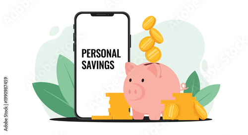 Flat style vector illustration of person saving money using piggy bank and mobile app with coins, representing personal finance, budgeting, and savings strategy
