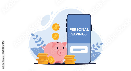 Flat style vector illustration of person saving money using piggy bank and mobile app with coins, representing personal finance, budgeting, and savings strategy