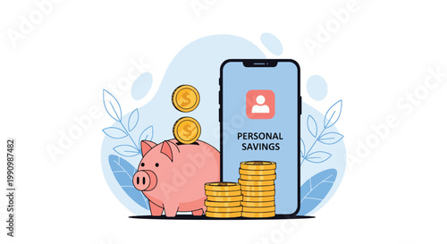 Flat style vector illustration of person saving money using piggy bank and mobile app with coins, representing personal finance, budgeting, and savings strategy