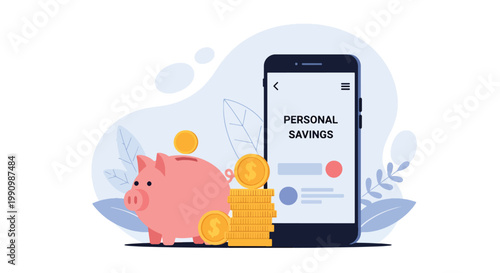 Flat style vector illustration of person saving money using piggy bank and mobile app with coins, representing personal finance, budgeting, and savings strategy