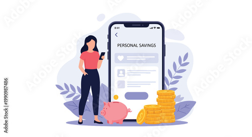 Flat style vector illustration of person saving money using piggy bank and mobile app with coins, representing personal finance, budgeting, and savings strategy