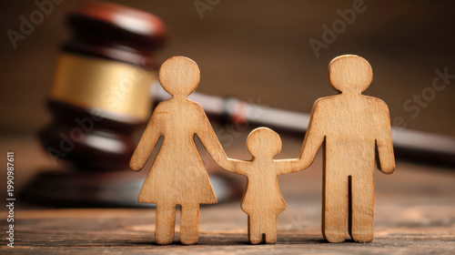 Wooden figures of a family stand together beside a judge’s gavel, symbolizing legal matters related to custody, protection, and family rights in a courtroom context