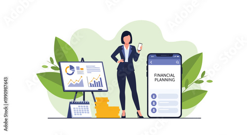 Flat style vector illustration of person planning finances with charts, calendar, and coins, representing budgeting, money management, and financial strategy for personal growth
