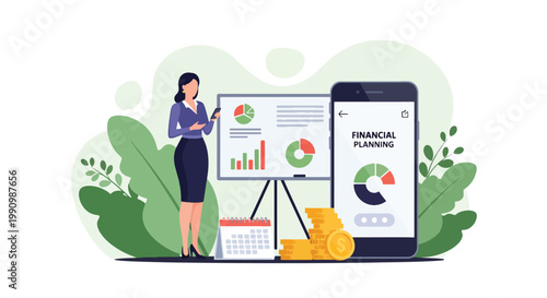 Flat style vector illustration of person planning finances with charts, calendar, and coins, representing budgeting, money management, and financial strategy for personal growth