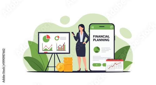 Flat style vector illustration of person planning finances with charts, calendar, and coins, representing budgeting, money management, and financial strategy for personal growth