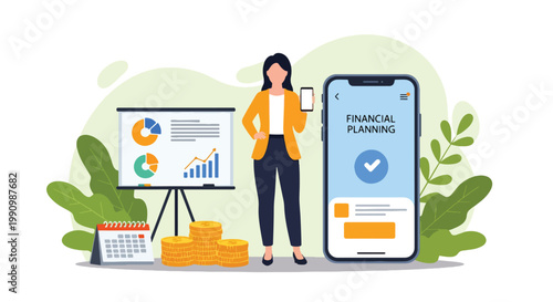 Flat style vector illustration of person planning finances with charts, calendar, and coins, representing budgeting, money management, and financial strategy for personal growth
