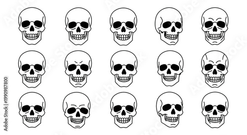 A collage of stylized skull illustrations, each with a unique and slightly varied expression, set against a white background
