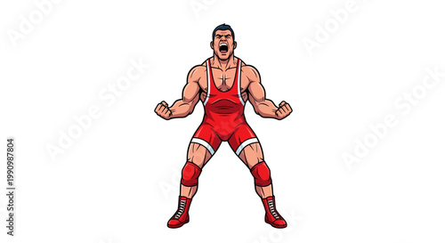 Dynamic cartoon illustration of a strong male wrestler in a red uniform, expressing fierce determination and victory with an open-mouthed roar, embodying the spirit of competitive sports and combat