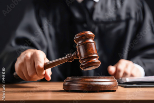 judge’s hand brings down a gavel on a sound block, representing authority, legal decisions, and the enforcement of justice within a courtroom setting