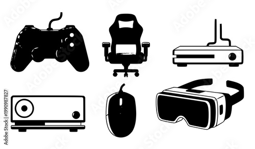 A set of gaming and computer icons in a flat minimal design