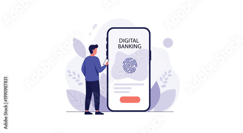 Flat style vector illustration of person unlocking mobile banking app using fingerprint scan, representing biometric authentication, secure access, and identity protection