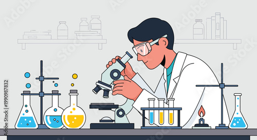 Scientist in a laboratory setting examining a sample through a microscope surrounded by various scientific equipment and colorful liquids in beakers and test tubes, Generative AI.
