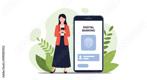 Flat style vector illustration of person unlocking mobile banking app using fingerprint scan, representing biometric authentication, secure access, and identity protection