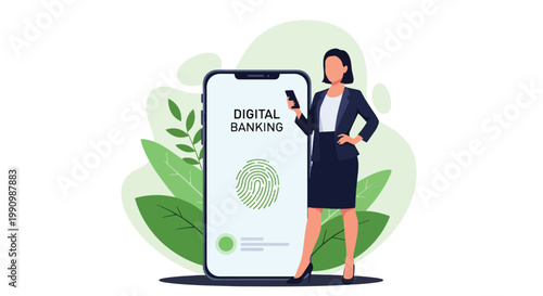 Flat style vector illustration of person unlocking mobile banking app using fingerprint scan, representing biometric authentication, secure access, and identity protection