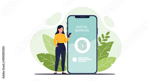 Flat style vector illustration of person unlocking mobile banking app using fingerprint scan, representing biometric authentication, secure access, and identity protection