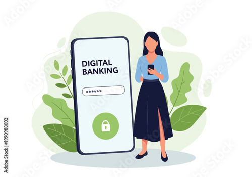 Flat style vector illustration of person logging into banking app with password and lock icons, representing secure access, authentication, and digital account protection