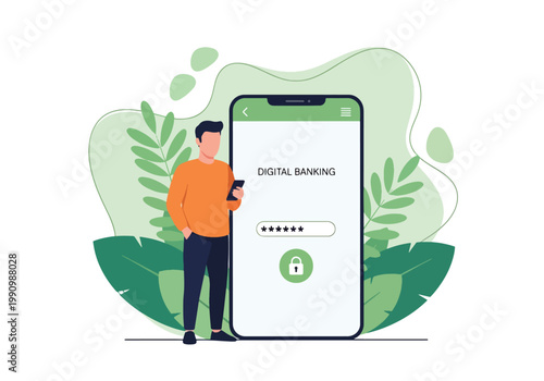 Flat style vector illustration of person logging into banking app with password and lock icons, representing secure access, authentication, and digital account protection