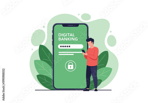 Flat style vector illustration of person logging into banking app with password and lock icons, representing secure access, authentication, and digital account protection