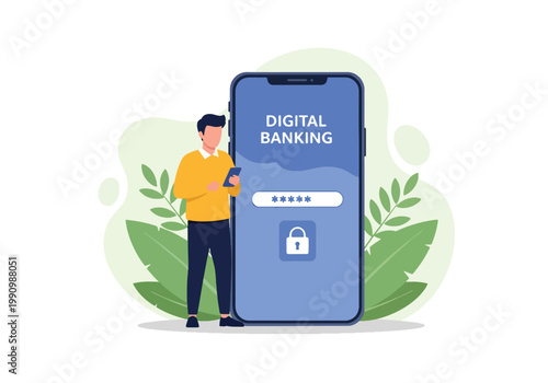 Flat style vector illustration of person logging into banking app with password and lock icons, representing secure access, authentication, and digital account protection