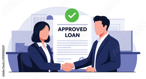 Flat style vector illustration of banker giving approved loan document with checkmark to customer, representing financial service, credit approval, and banking process