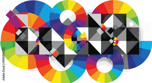 Vibrant color wheel patterns with geometric shapes, Generative AI.