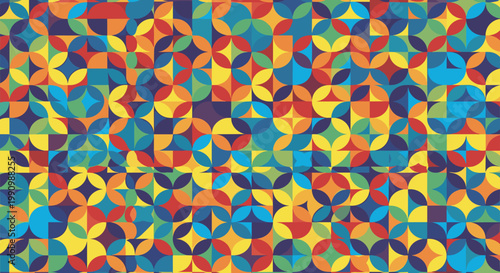 Vibrant geometric pattern with colorful shapes and tiles in a repeating design on a multicolored background, Generative AI.