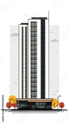 Modern High-Rise Building Architecture With Glass Windows And Urban Trees For Business Or Real Estate Concepts