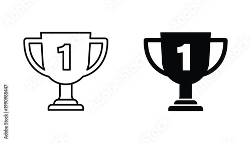 First place trophy cup icon set in outline and solid black for sports competition and business excellence award winning visualization