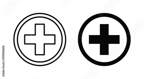Medical cross symbol icons in outline and solid black styles for healthcare interface design